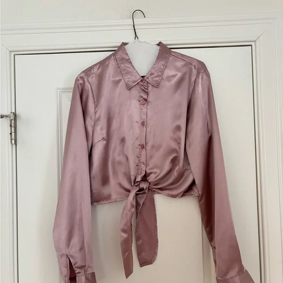 Satin Tie-Front Blouse - Dusty Rose - Picture 3 of 9